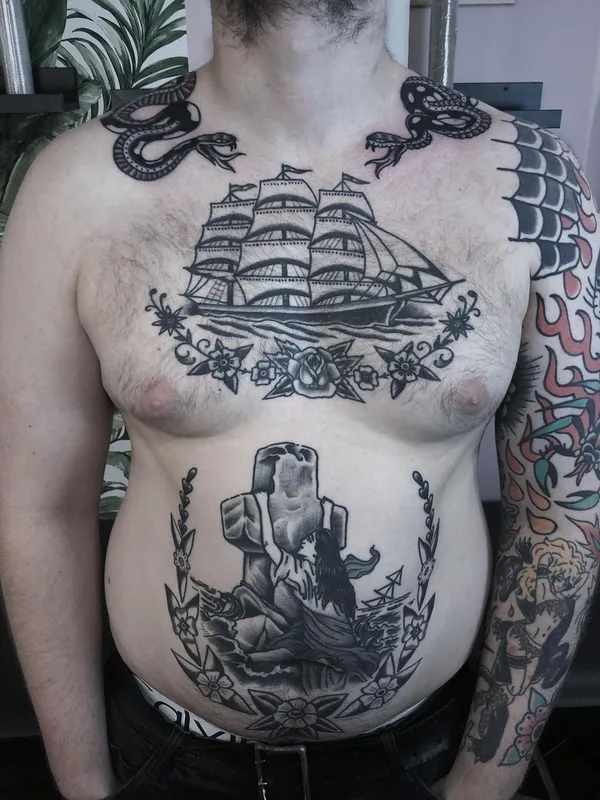 male black and grey traditional Tatuagem em chest #63532 | Tatuador Maksim Trad