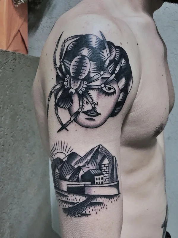 male black and grey blackwork Tatuagem em upper arm #63538 | Tatuador Maksim Trad
