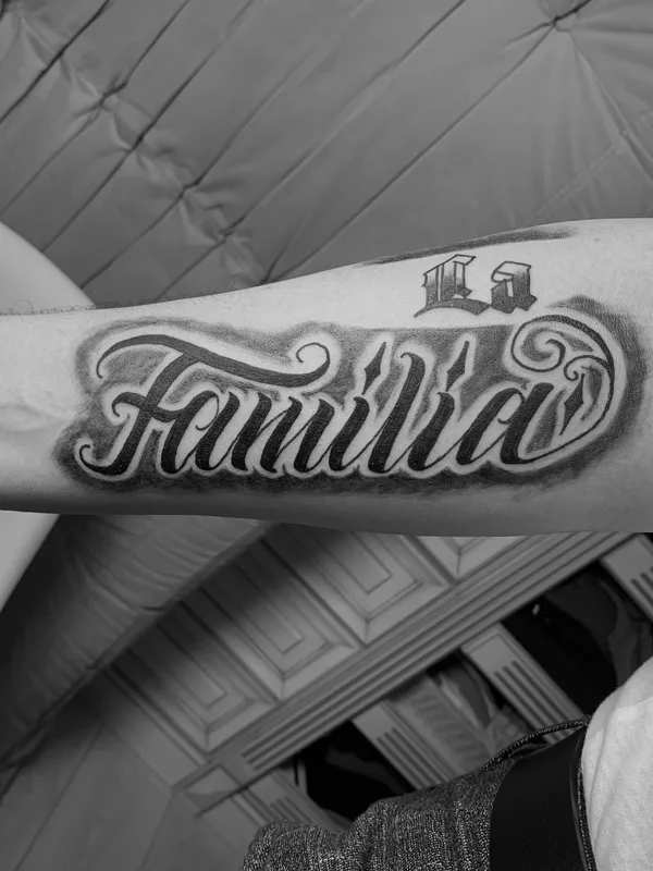black and grey lettering Tatuaggio su forearm #35389 | Tatuatore Андрей Макоед