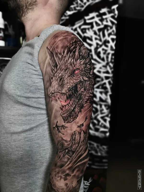 male black and grey realism татуировка на full sleeve #64837 | Тату мастер Дмитрий Рязанов