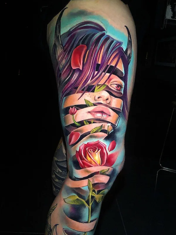 female color realism татуировка на thigh #29356 | Тату мастер Khail Aitken
