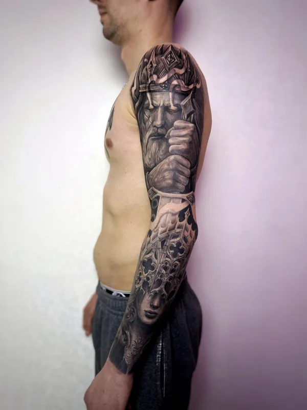 male black and grey realism tattoo auf full sleeve #65781 | Tätowierer Andrey Pavlenko