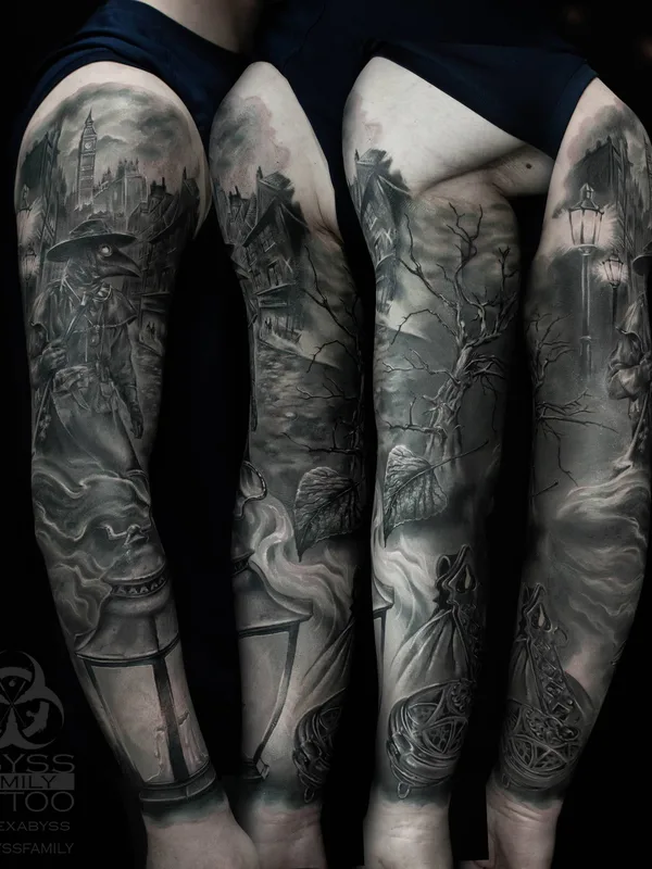 black and grey black and grey tatouage sur full sleeve #31908 | Artiste tatoueur Александр Эбисс