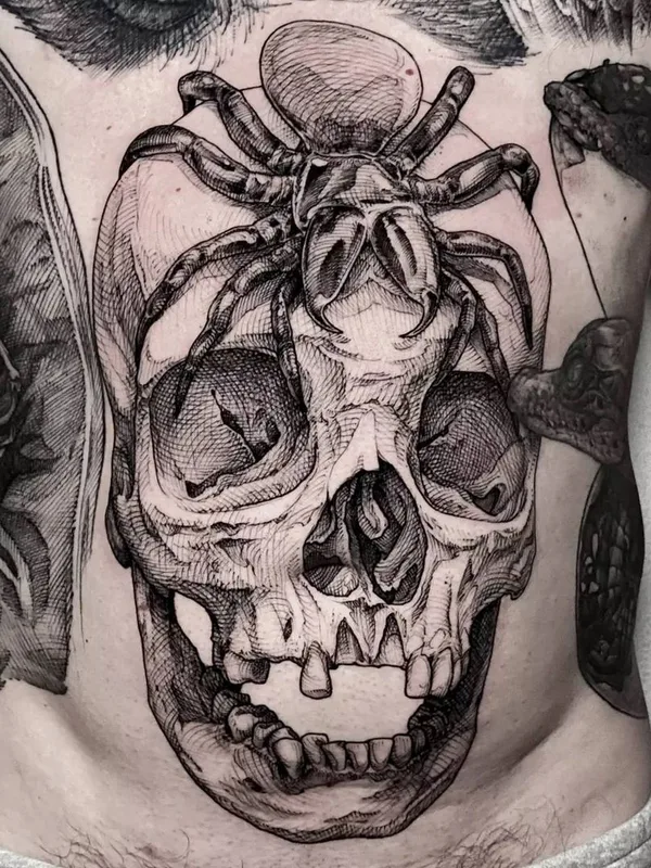 male black and grey blackwork tatouage sur stomach #41578 | Artiste tatoueur doskaladas