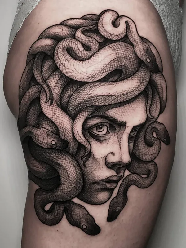 female black and grey black and grey tatouage sur thigh #41568 | Artiste tatoueur doskaladas