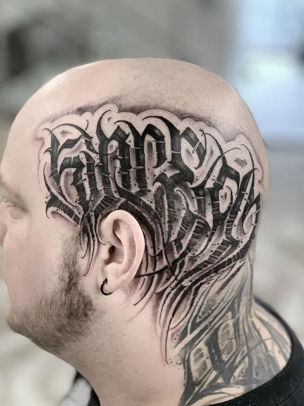 male black and grey blackwork 纹身 在 head #41591 | 纹身师 Niorkz
