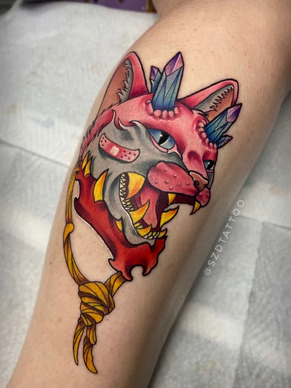 color new school tattoo on calf #42601 | Tattoo Artist Захаров Сергей