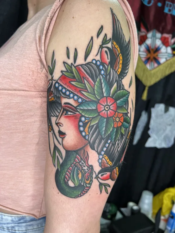 female color traditional tattoo on upper arm #74160 | Tattoo Artist Massimiliano Pennella / @PennyBoy
