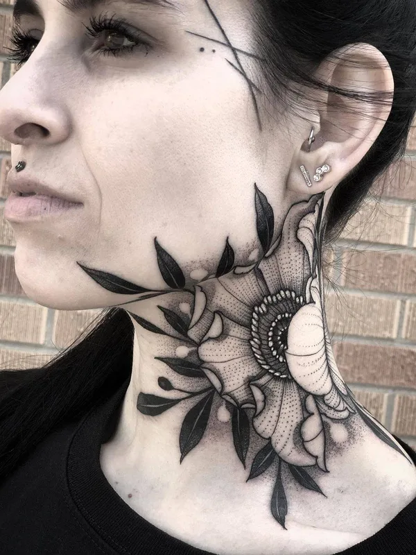 female black ornamental, blackwork, botanic татуировка на neck #34151 | Тату мастер Jayce Wallingford