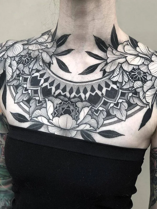 female black ornamental, blackwork, botanic татуировка на chest, collarbone #34150 | Тату мастер Jayce Wallingford