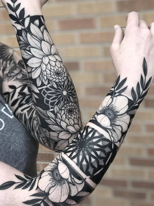 female black ornamental, blackwork, botanic татуировка на arm, forearm #34147 | Тату мастер Jayce Wallingford
