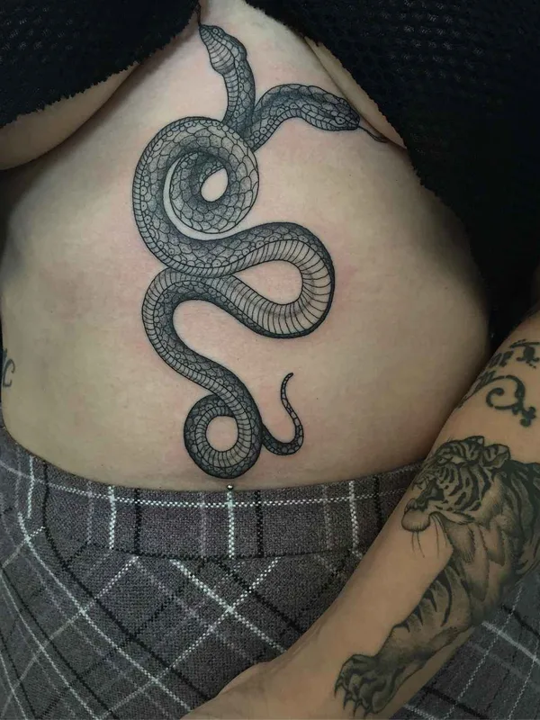 female black and grey blackwork tattoo on stomach #19751 | Tattoo Artist Richard Warnock