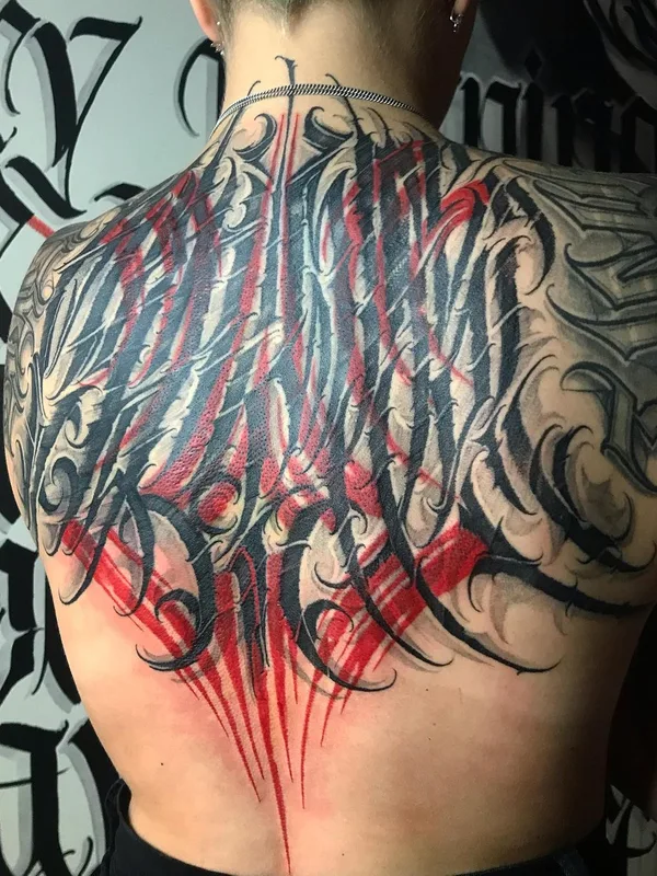 color calligraphy tatouage sur upper back #49277 | Artiste tatoueur Стас Каниовский