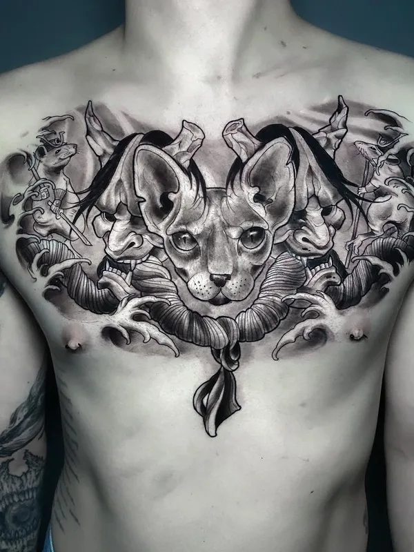 male black and grey japanese 纹身 在 chest #63614 | 纹身师 Александр Труш