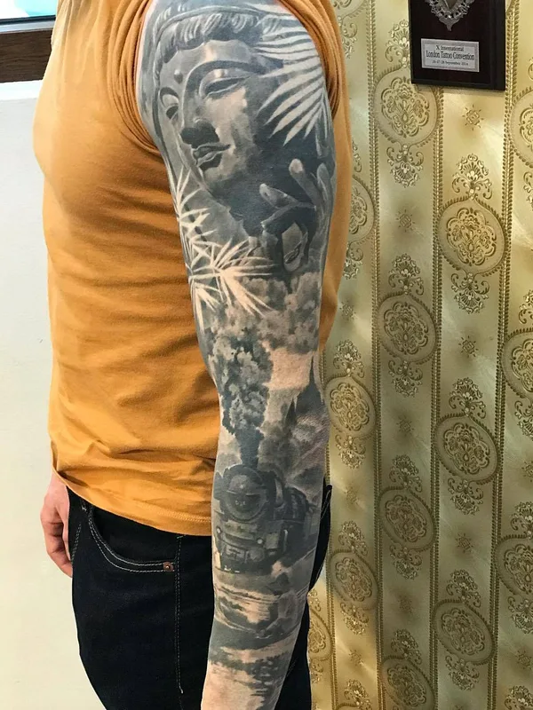 black and grey realism tattoo on full sleeve #28744 | Tattoo Artist Laura Juan