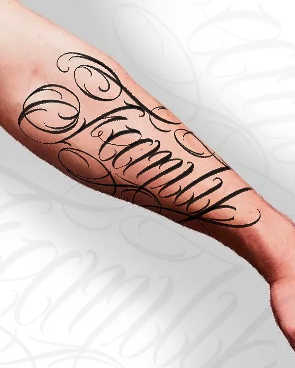 black lettering 纹身 在 forearm #52812 | 纹身师 Игорь Поульсен
