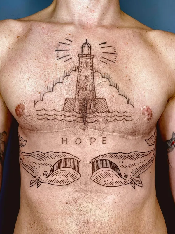 male black linework tattoo on chest #55766 | Tattoo Artist Duke Riley