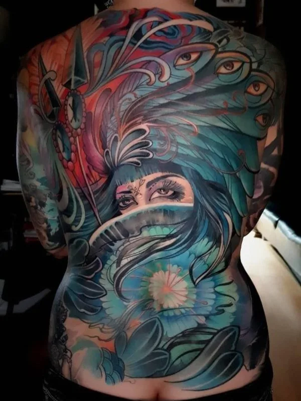 female color illustrative tatuaje en full back #38026 | Tatuador MIREK G.