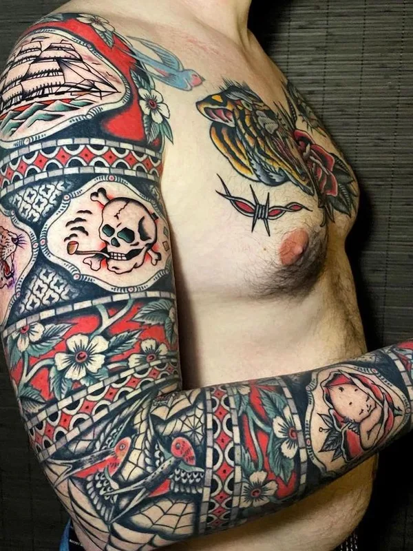 male color traditional 타투 부위 full sleeve #75477 | 타투이스트 Joe Tartarotti