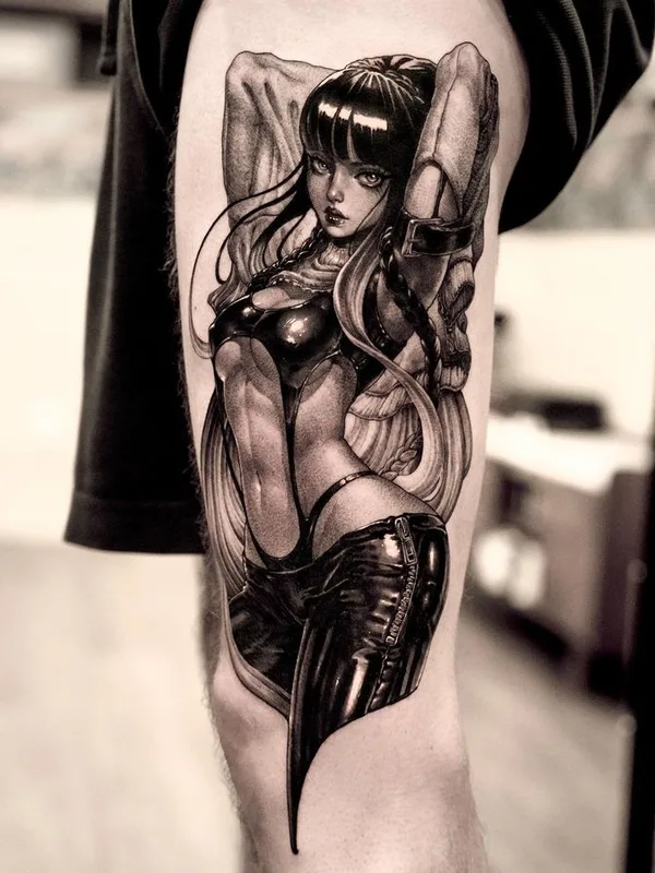 female black and grey realism 타투 부위 thigh #75505 | 타투이스트 O.ONE