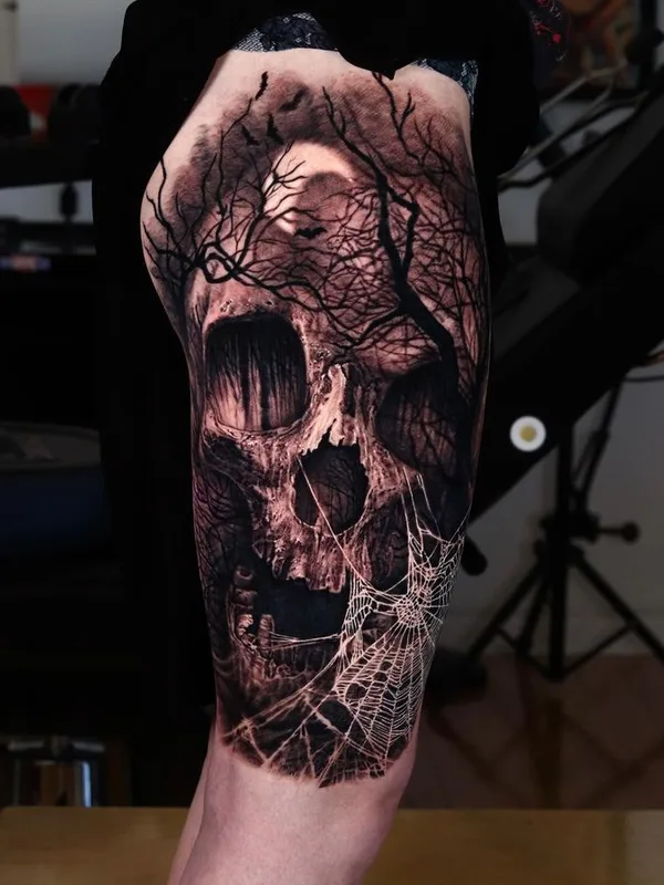 black and grey black and grey tattoo auf thigh #75511 | Tätowierer Jim Leclerc
