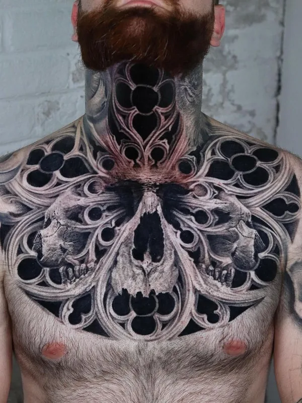male black and grey blackwork tattoo auf chest #75514 | Tätowierer Jim Leclerc