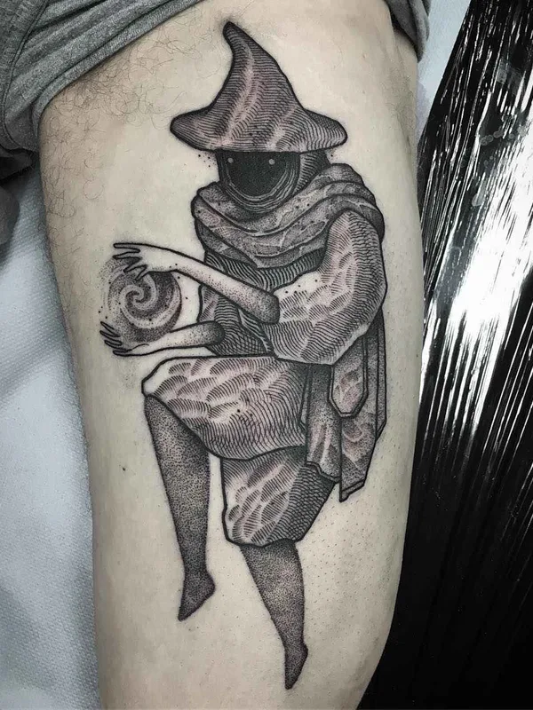 black and grey blackwork tattoo on thigh #17625 | Tattoo Artist William Steiner-Pacheco