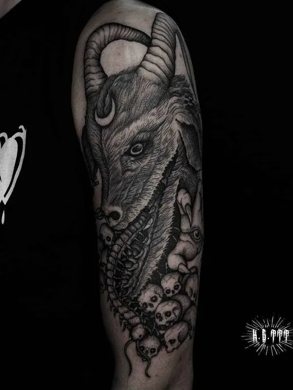 black and grey blackwork tattoo on full sleeve #19979 | Tattoo Artist Клим Шахнин