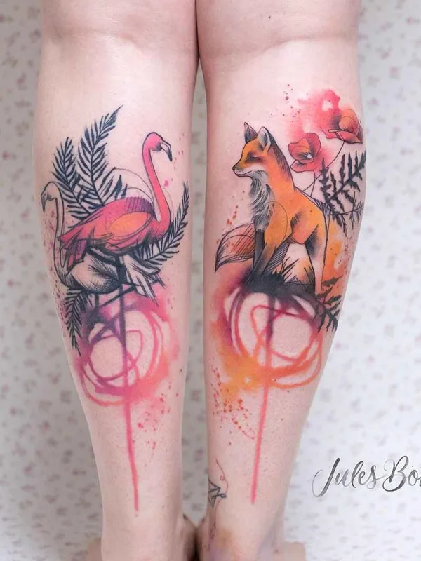 female color watercolor татуировка на calf #19194 | Тату мастер Jules Boho