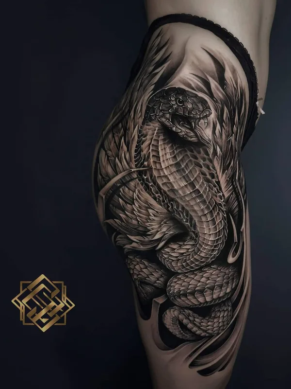 female black and grey realism Tatuaggio su thigh #49311 | Tatuatore Вячеслав Елкин
