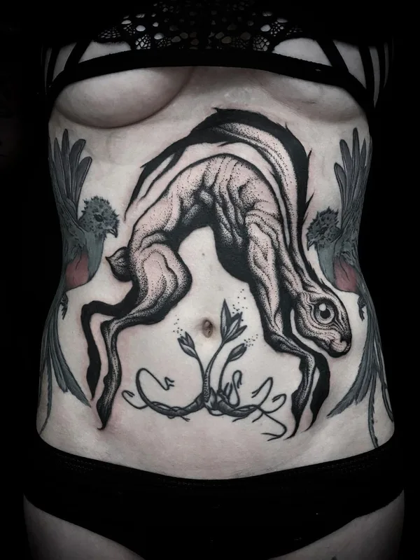 female black and grey blackwork tattoo on stomach #49325 | Tattoo Artist Veks Van Hillik