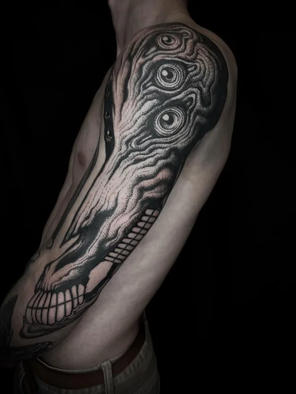 male black and grey blackwork tattoo on full sleeve #49327 | Tattoo Artist Veks Van Hillik