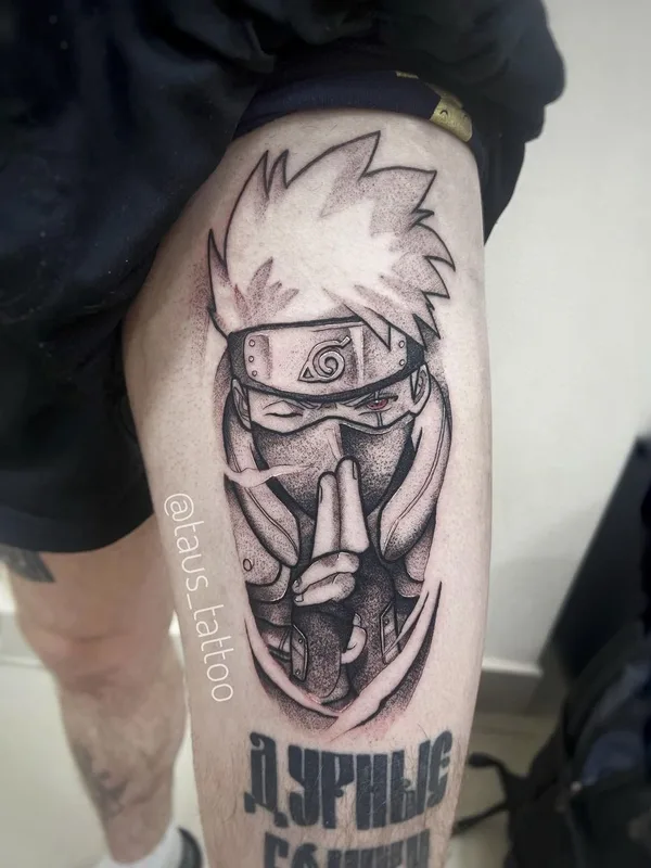 black and grey anime tatouage sur thigh #49341 | Artiste tatoueur Александр Таус