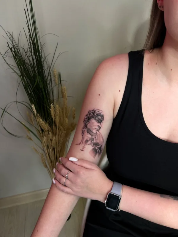 female black and grey realism tattoo on upper arm #68813 | Tattoo Artist Дмитрий Makabr