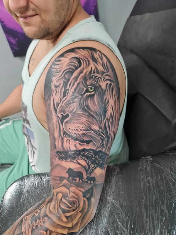 male black and grey realism tattoo on full sleeve #72685 | Tattoo Artist Mariya Yolova