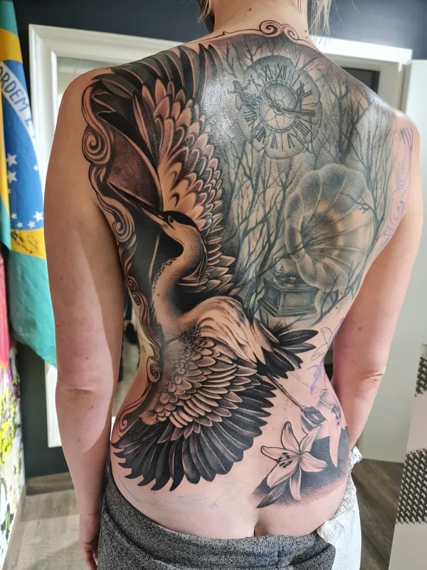 female black and grey realism tattoo on full back #72682 | Tattoo Artist Mariya Yolova