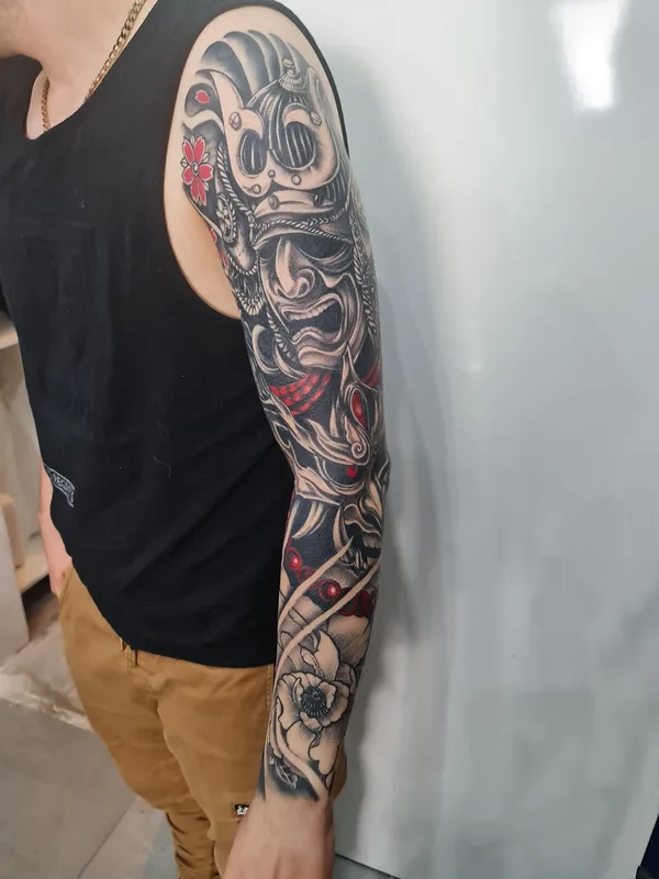male black and grey japanese tattoo on full sleeve #72689 | Tattoo Artist Mariya Yolova