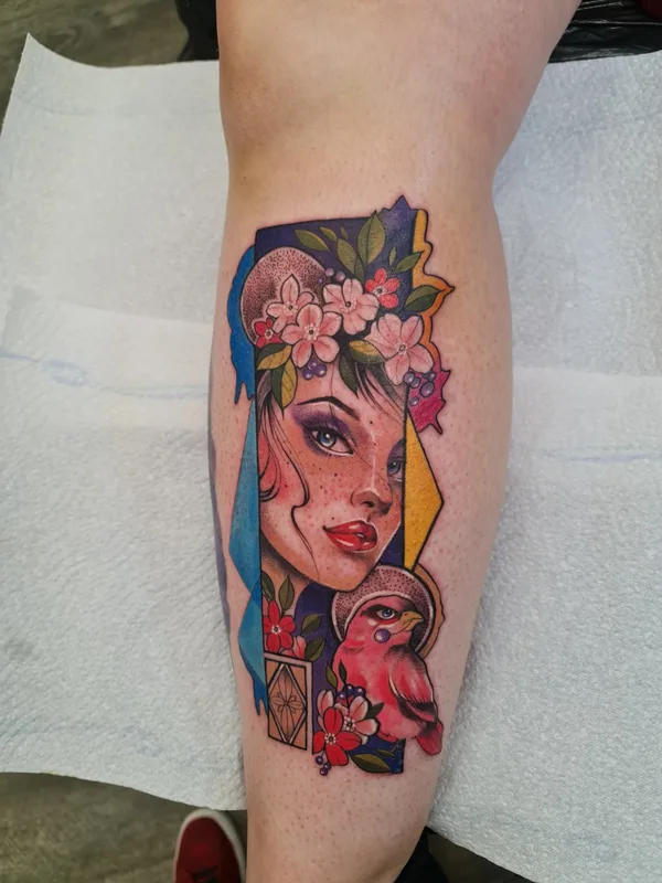 female color illustrative tattoo on calf #72684 | Tattoo Artist Mariya Yolova