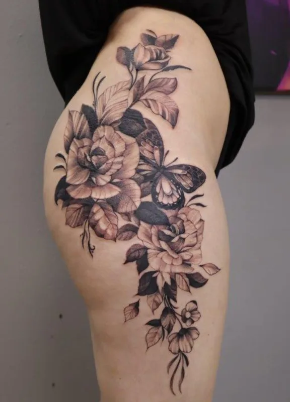 female black and grey realism tattoo on thigh #72691 | Tattoo Artist Mariya Yolova
