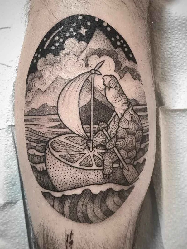 black and grey blackwork татуировка на calf #19534 | Тату мастер Susanne Suflanda Konig