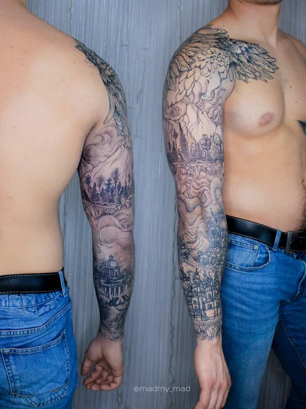 male black and grey sketch татуировка на full sleeve #33604 | Тату мастер Мария Жиркова 