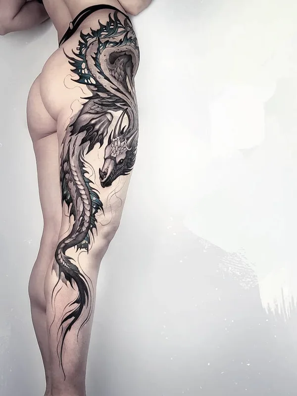 female black and grey illustrative татуировка на thigh #43531 | Тату мастер Кира Воронок