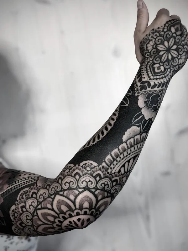 black and grey blackwork tattoo on full sleeve #43560 | Tattoo Artist Mona Wanner