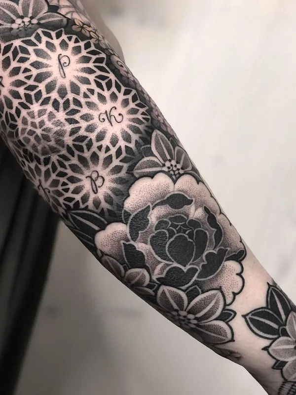 black and grey blackwork tattoo on full sleeve #43551 | Tattoo Artist Mona Wanner
