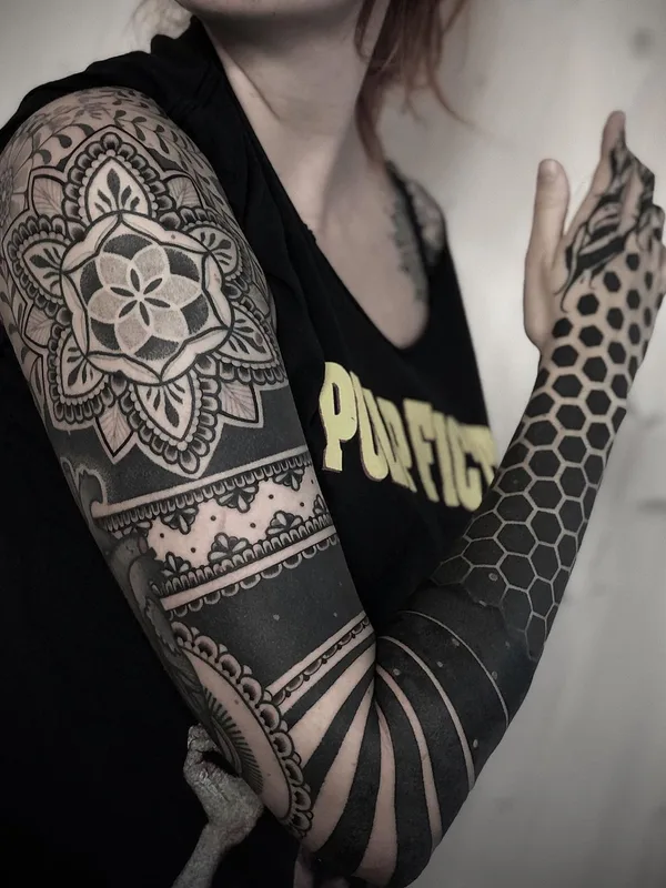 female black blackwork tattoo on full sleeve #43555 | Tattoo Artist Mona Wanner