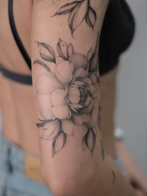 female black and grey fineline татуировка на upper arm #75546 | Тату мастер Надежда Рузанова