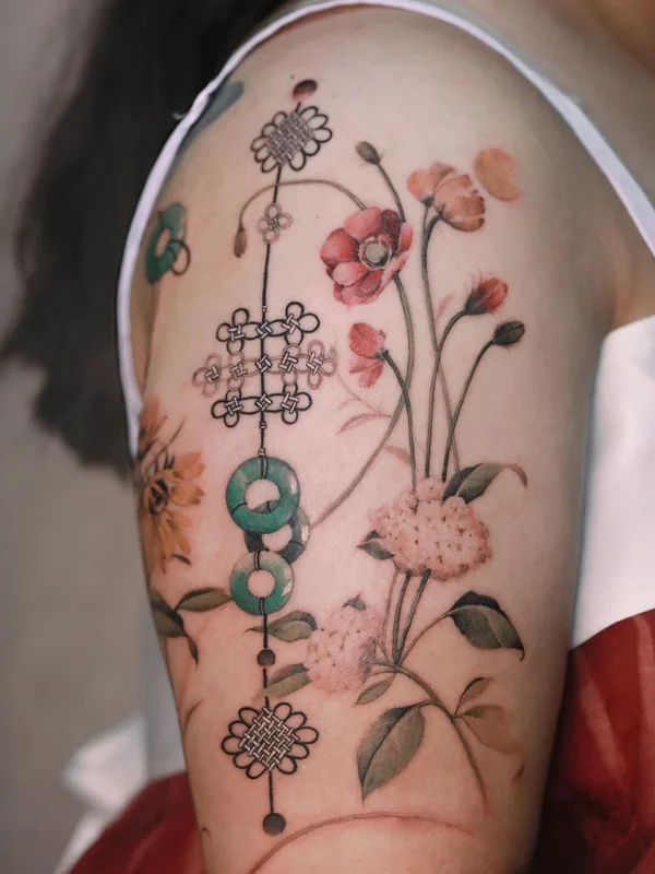 female color botanic tattoo on shoulder #46237 | Tattoo Artist Sion