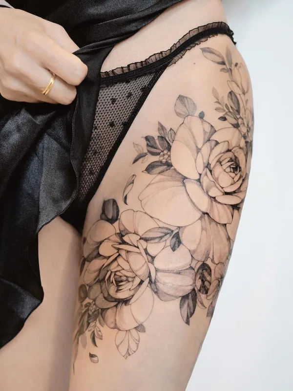female black and grey fineline tatouage sur thigh #46255 | Artiste tatoueur Zihwa