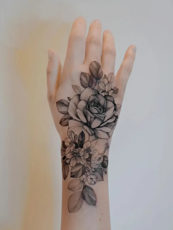 black and grey fineline tatouage sur back of hand #46253 | Artiste tatoueur Zihwa
