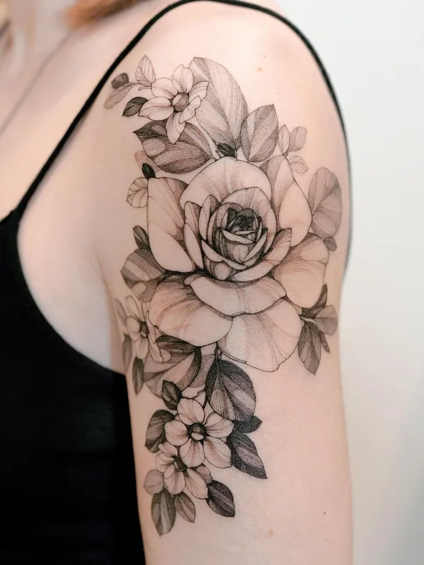 female black and grey fineline tatouage sur shoulder #46251 | Artiste tatoueur Zihwa